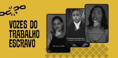 banner vozes do trabalho escravo com a tela de três vitimas que relatam como foram suas experiencias.Clique e seja direcionada para uma playlist no canal do CSJT no YouTube