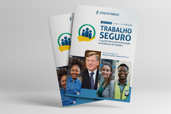 Ilustração de mockup da capa da revista. Foto de diversos trabalhadores e uma foto do ministro entre elas.