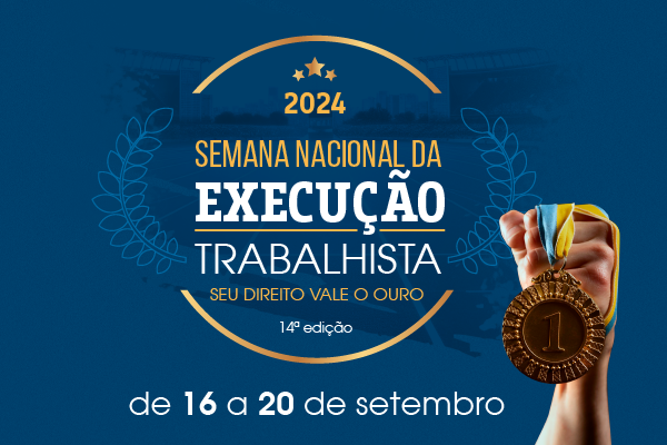 Identidade Visual da Semana Nacional da Execução Trabalhista de 2024 - Ramos oliveira rodeadas de um fio dourado representando uma medalha. Ao centro está o nome Semana Nacional da Execução Trabalhista 2024. Seu Direito Vale o Ouro. Ao lado uma mão segurando uma medalha de ouro.