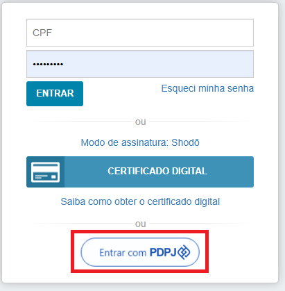 Imagem da página inicial de login do sistema e a opção para entrar com PDPJ.