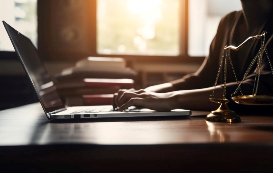 Imagem gerada por inteligência artificial de mulher sentada em uma mesa usando o notebook. Ao lado está uma balança da justiça.