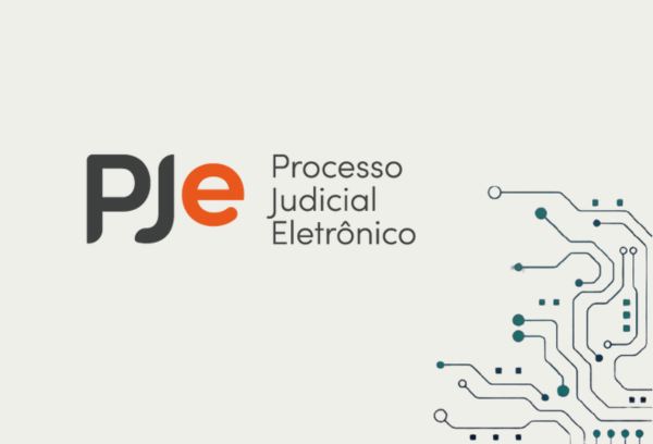 Ilustração de conexões digitais e a logo do PJe