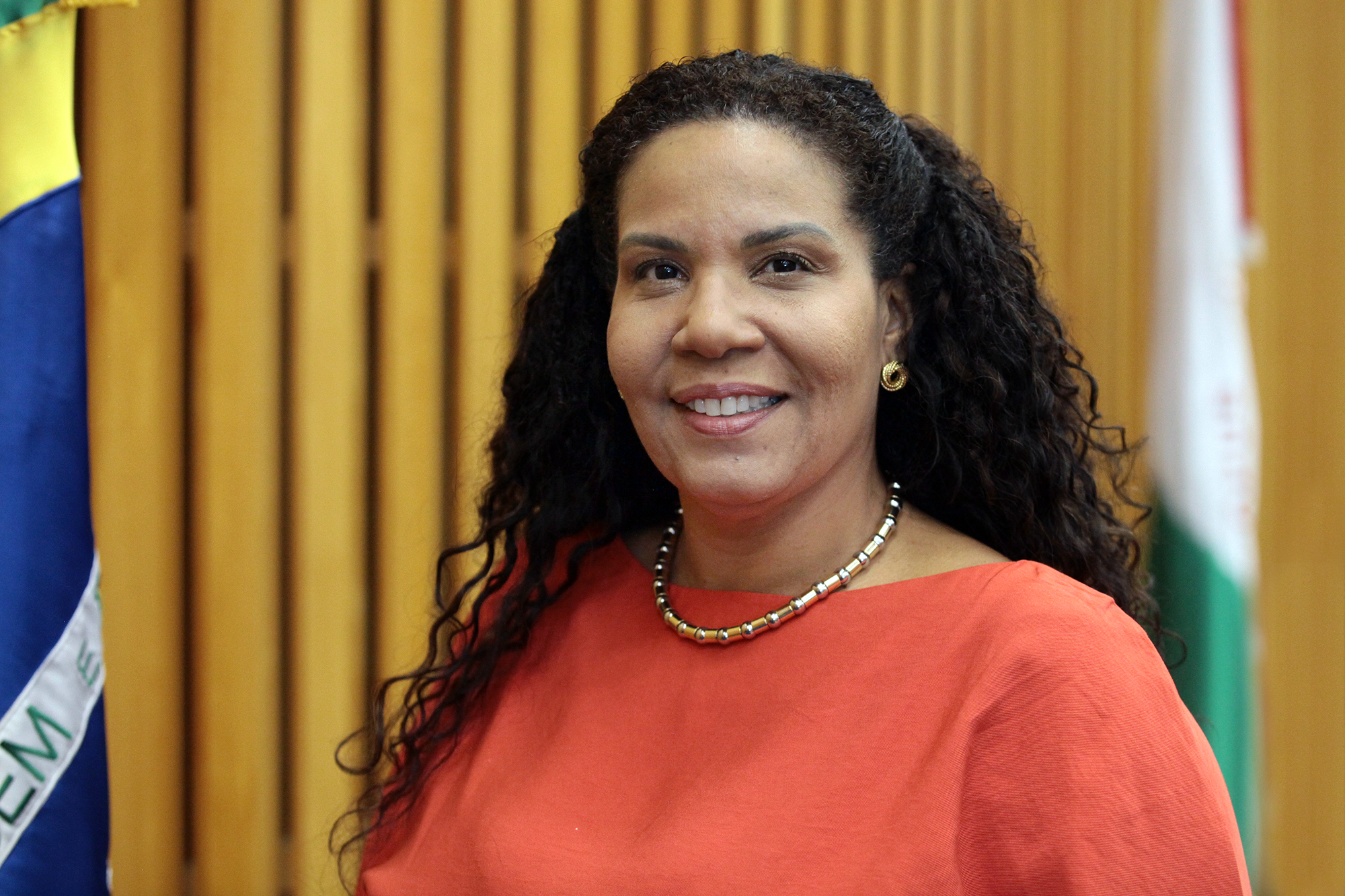 Juíza em foto posada no plenário da sessão. Ela é uma mulher negra de cabelos abaixo dos ombros e usa um vestido salmão.