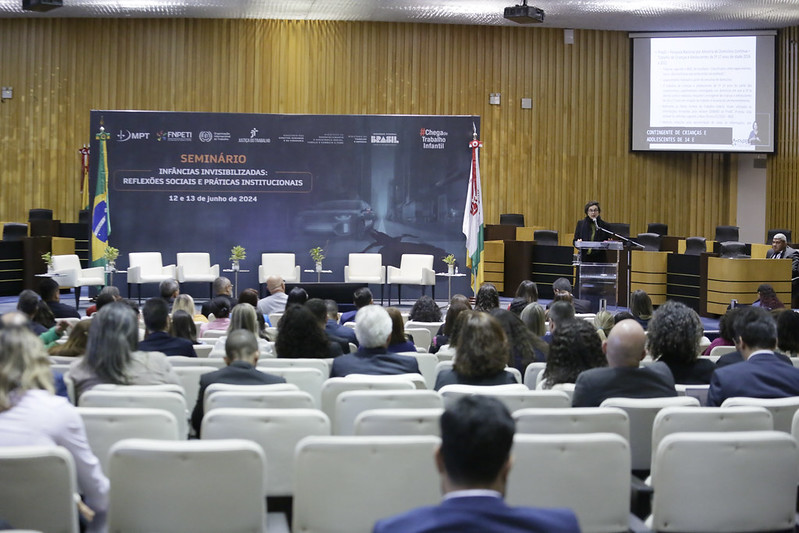Foto do plenário do TST com pessoas sentadas e um backdrop do seminário ao fundo. Ao lado, em um púlpito, está a diretora executiva do FNPETI apresentando os dados os dados do estudo.