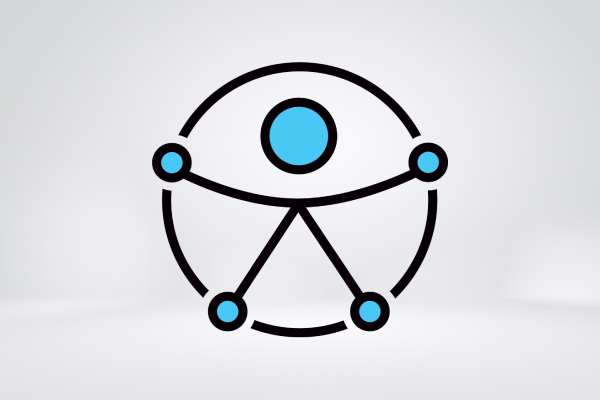 Símbolo de acessibilidade e inclusão da ONU.  Um boneco com as extremidades em azul e traços na cor preta. Ele está circulado por um circulo. 