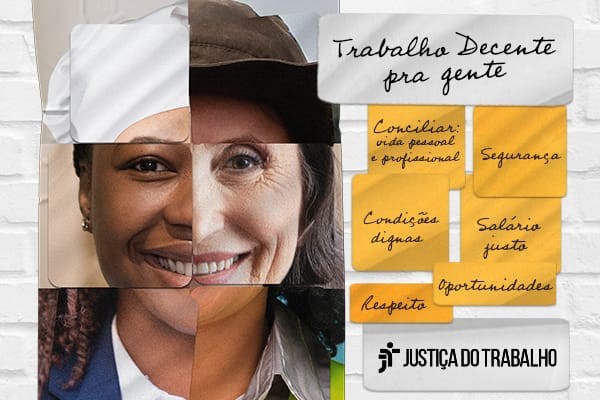 Arte da campanha. Do lado direito, colagem com rostos de mulheres sorrindo, com diferentes características físicas e diversos tipos de uniforme profissional. Do lado direito, post-its com textos 