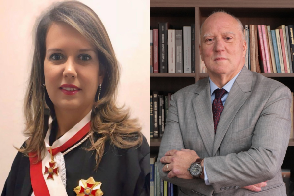 Fotos da desembargadora, uma mulher de cabelos loiros escuros abaixo dos ombros; e o desembargador, um homem branco.