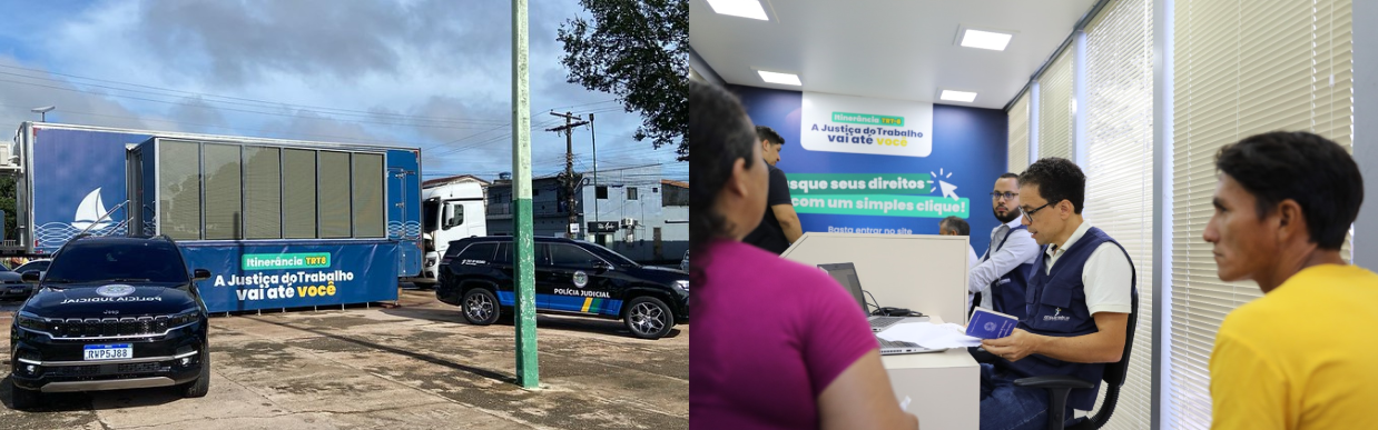 Montagem de duas fotos. Em uma, a carreta estacionada com duas viaturas da policia judicial. Na outra, uma pessoa fazendo o atendimento da população dentro da carreta.