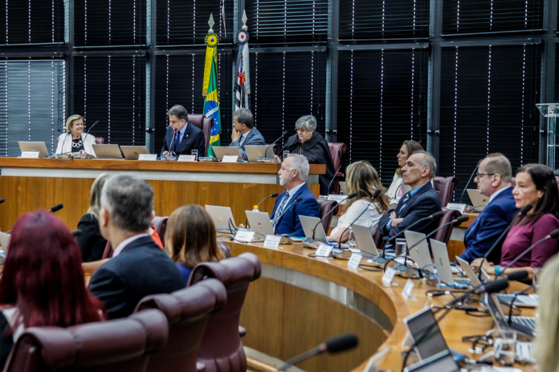 Foto do plenário do TRT-2 com o ministro Vieira de Mello falando no microfone. 