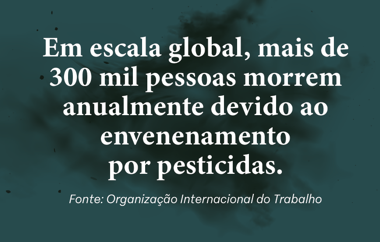 Fundo verde com fumaça tóxica. Está escrito: Em escala global, mais de 300 mil pessoas morrem anualmente devido ao envenenamento por pesticidas. fonte: Organização Internacional do Trabalho