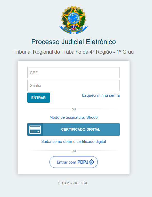 Imagem da página inicial de login do Processo Judicial Eletrônico no TRT-4 (RS).
